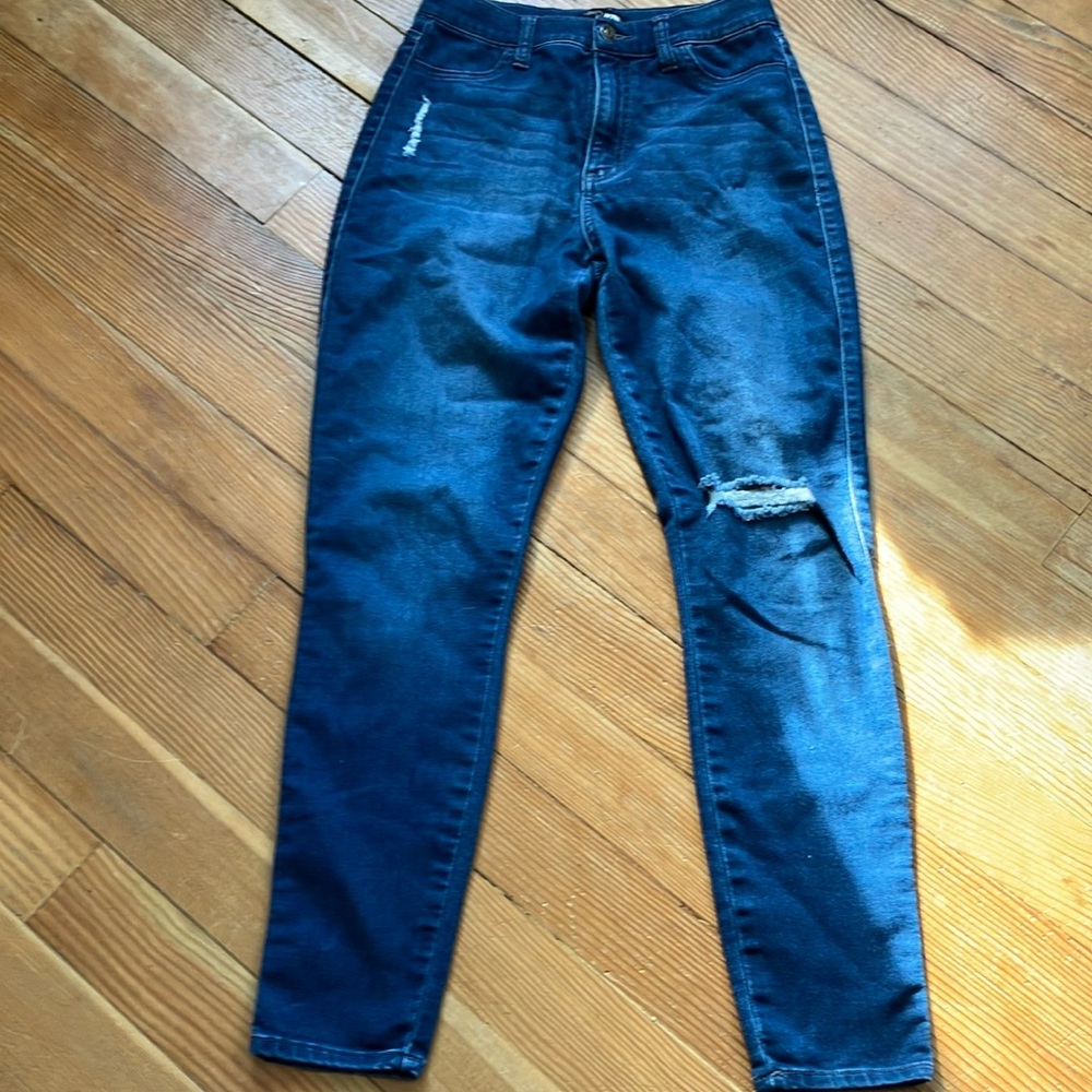 Fashion Nova High Rise Dark Blue Distressed Skinny Jeans